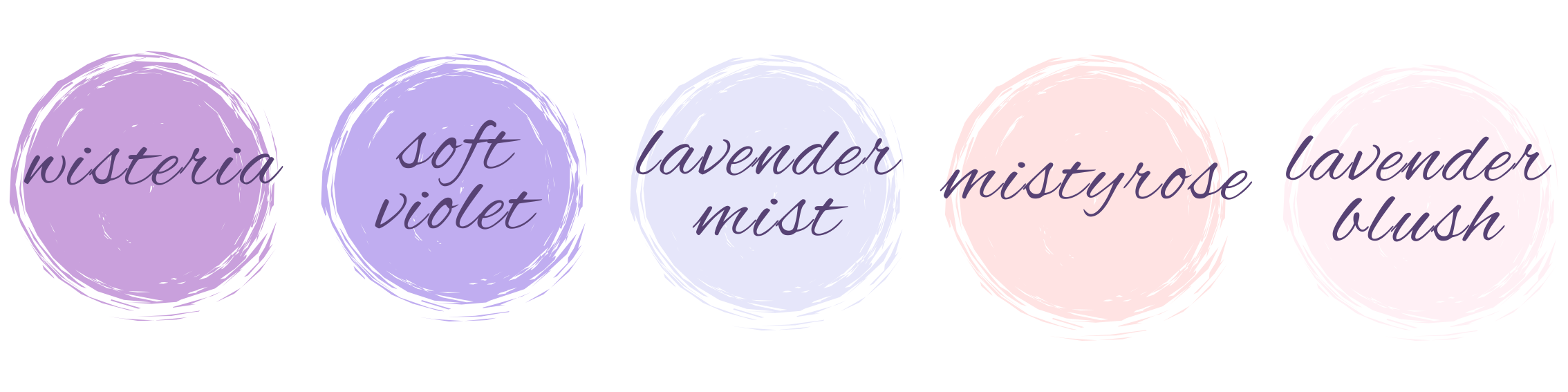 Attire color palette: wisteria, soft violet, lavender mist, misty rose, and lavender blush